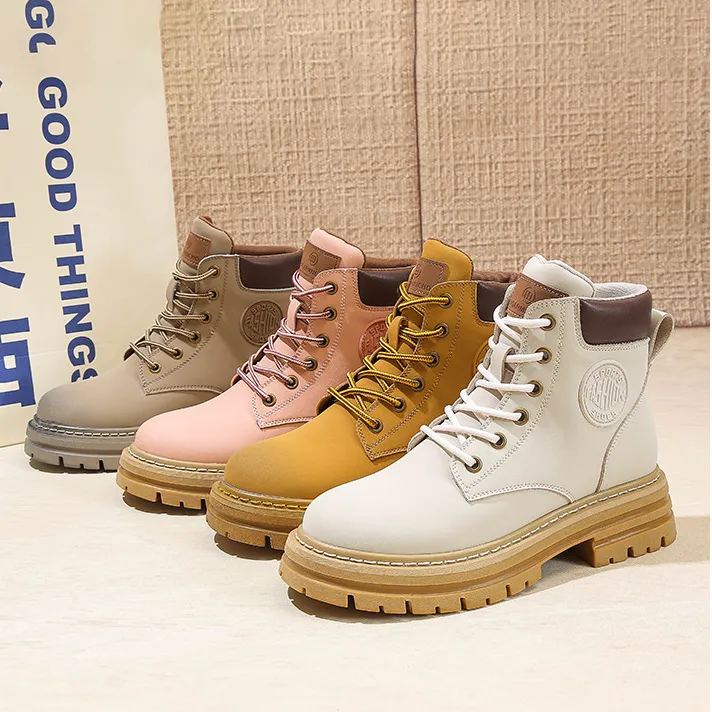 Leather big yellow boots women's new plus fleece warm short boots thick soles inside elevation retro British style Martin boots