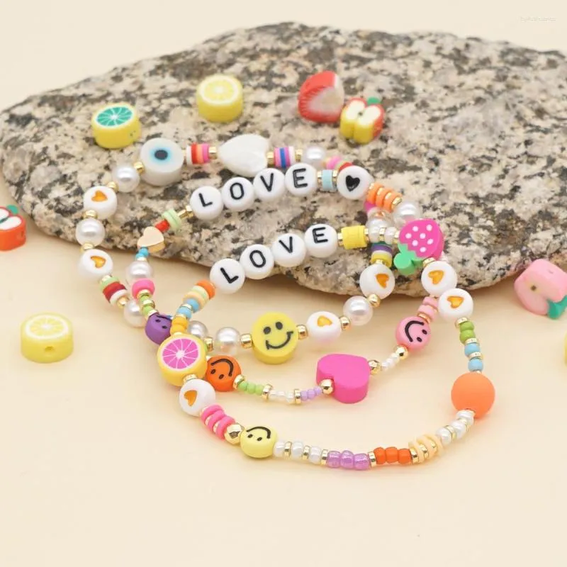 Strand YASTYT-pulsera con cara bonita de perlas para mujer, joyería de moda, Pulseras elásticas con letras de amor y corazón