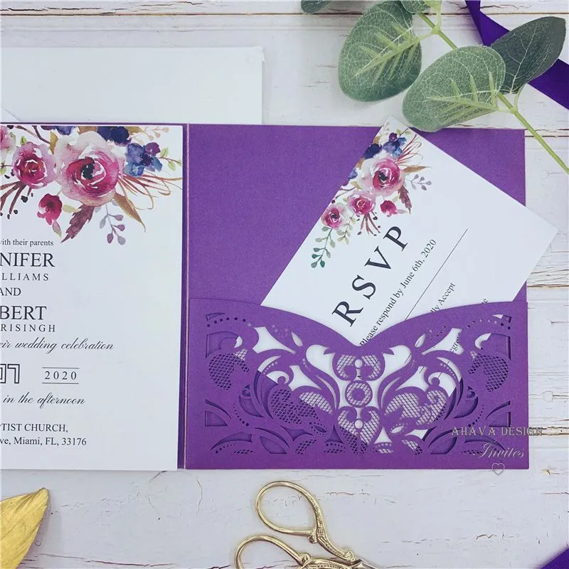 Classic Fall Magenta Shades Of Purple Floral Pocket Laser Cut Wedding Invitations With Envelope, Free Shipped by UPS