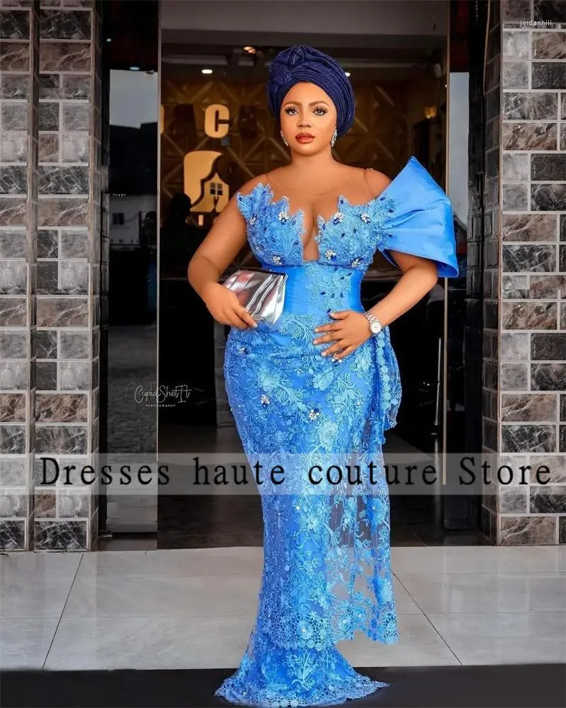 Party Dresses Aso Ebi Sky Blue Lace Mermaid Evening Africa For Women 2023 One Shoulder Pärled Applices Formal Wedding Clown