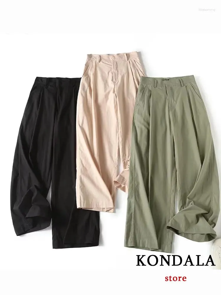 Spodnie damskie Kondala Chic Streetwear Solid Green Women Pełna długość mody 2023 Summer Casual High talia Szerokie Nogi Spodnie