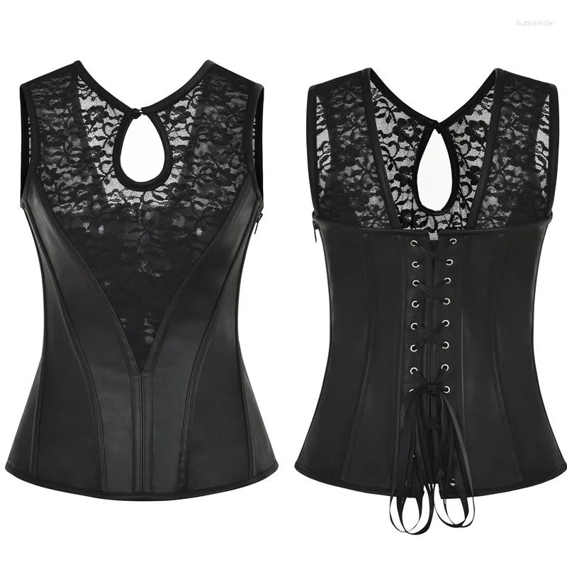 Bustiers Corsets Noir Sexy Dentelle Patchwork Cuir Steampunk Taille Formateur Corset Gilet Gothique Fermeture Éclair Latérale Top S-6XL Grande Taille