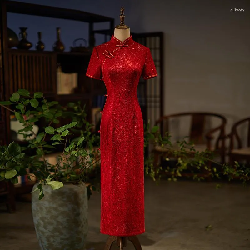 Abbigliamento etnico Elegante retrò da donna Tradizionale colletto alla coreana Qipao Abiti cheongsam a maniche corte in chiffon con ricamo rosso nero