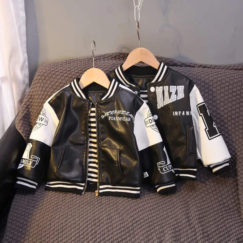 Jackets Baby Boys Letter Print Baseball Coat Stripes Collar Spring Faux Leather Moto Jackets for Children Racing Biker Coat FY11073 230906