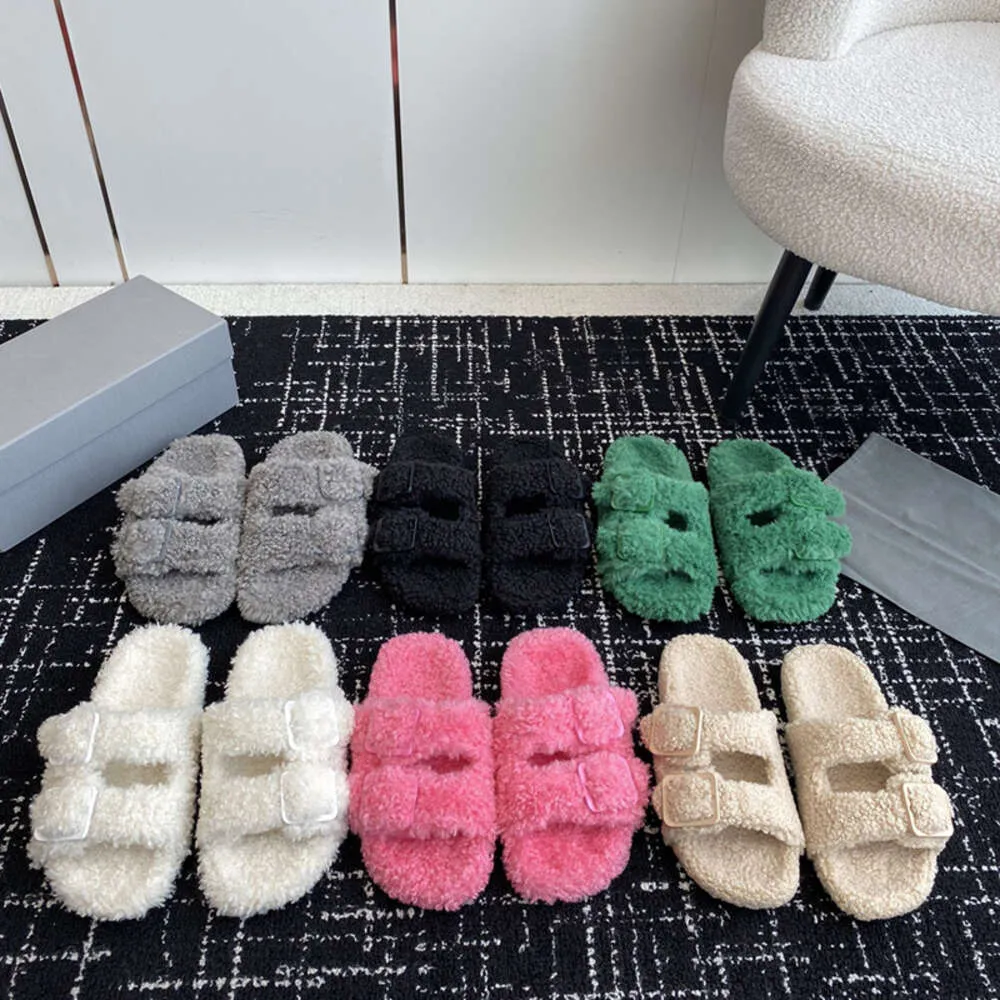 Designer päls glider gummi ull sandal kvinnor neddy fuzzy tofflor fårskinn fluffiga mjuka mode snöskor med låda nr470