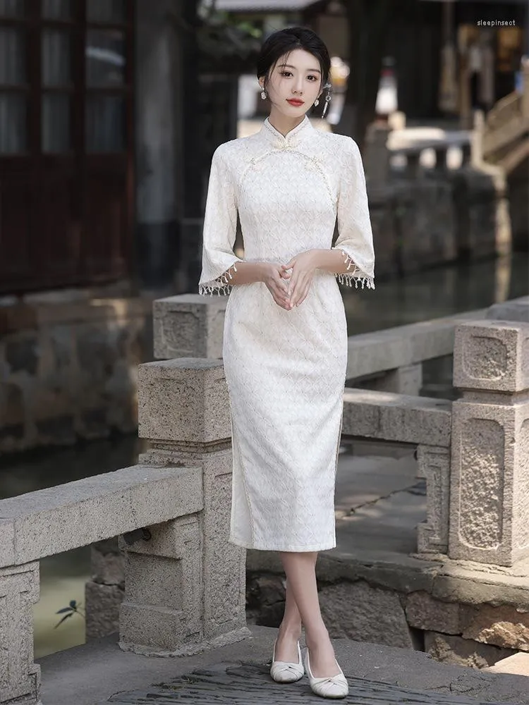 Abbigliamento etnico Elegante nappa con perline Manica a sette punti Chiffon Cheongsam Tradizionale colletto alla coreana Pizzo Qipao Abito quotidiano cinese