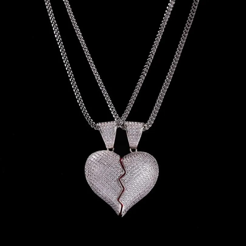 Iced Out Broken Heart Pendant Halsband för män Womens Fashion Hip Hop Jewelry Lover Halsband 1 par