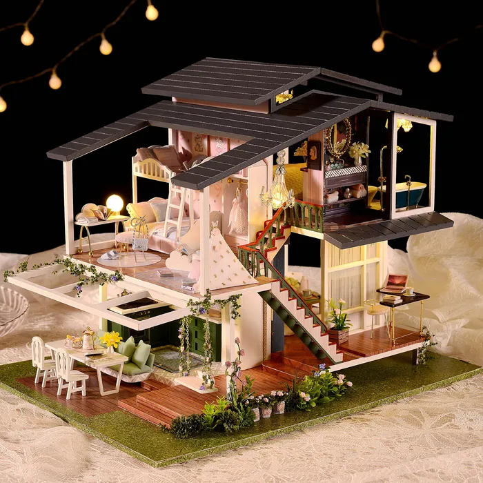 Accesorios para casa de muñecas DIY Kits de muebles de casa de muñecas en miniatura Madera Romántica Moderna Villa Cottage Puzzle Playset Autoensamblado para niñas 230905