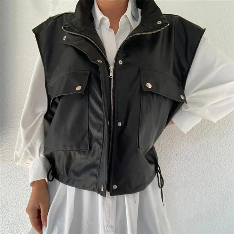 Jaquetas de couro femininas outono sem mangas casaco pu tendência de rua blusão motocicleta preto outerwear moda feminina