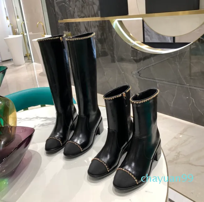 Metal decoration side zipper boots chunky heel tall Chelsea boot leather shoes Almond Toes knee-high riding boots luxury designers brands shoe