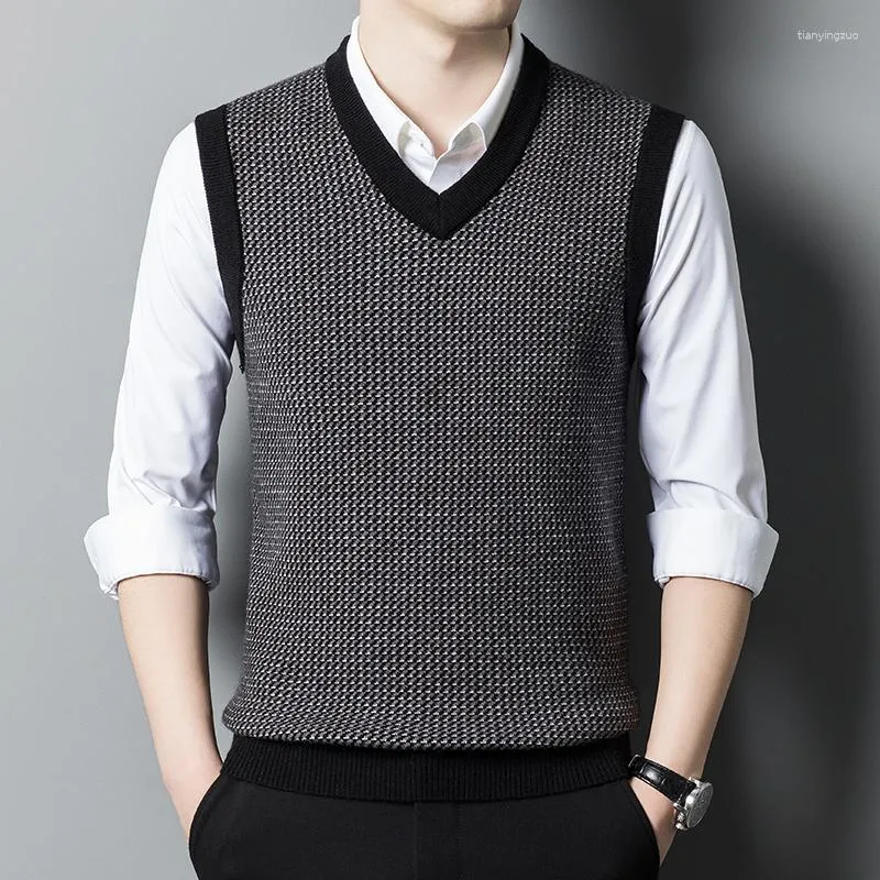 Men s Vests Classic Business Style Warm Cashmere Vest Sweater V neck Fashion Khaki Gray Black Knitted Pullover Male Brand