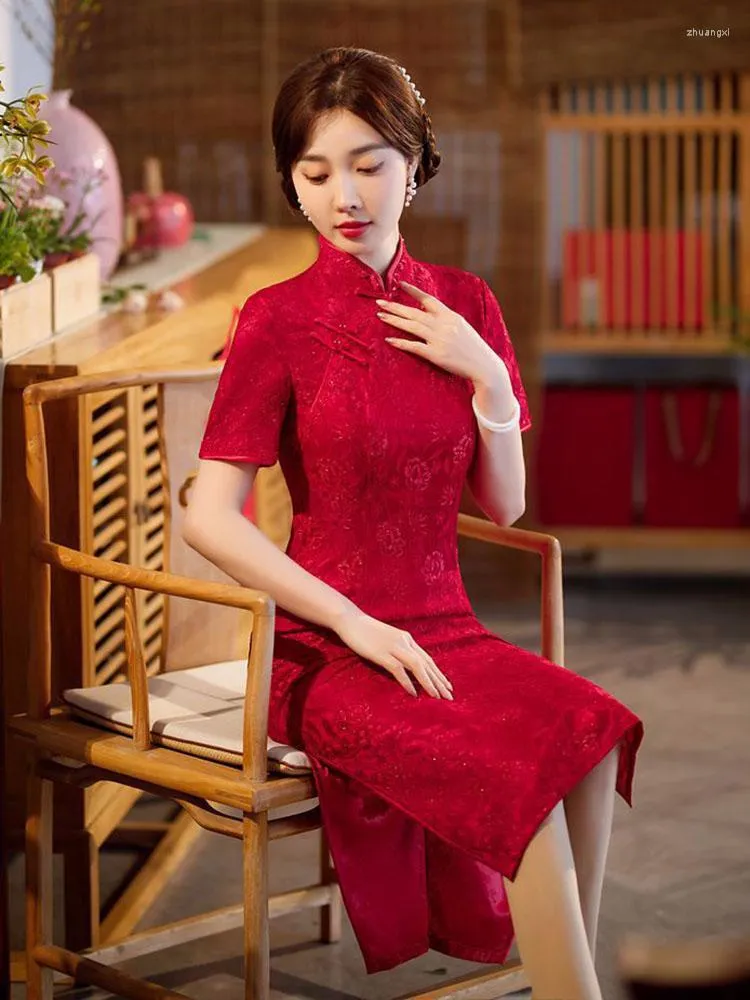 Etnisk kläder sommar röd spets cheongsam elegant rostat bröd qipao kinesisk traditionell stil bröllop kväll klänning bankett party för kvinnor