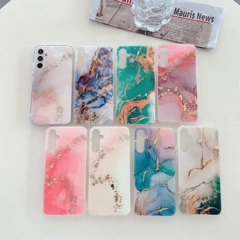 S23 Fashion Flow Marble Soft IMD TPU Cases For Samsung S22 Plus Ultra A14 5G A34 A54 A53 A52 Rock Stone Chromed Plating Metallic Golden Mobile Phone Back Cover Skin