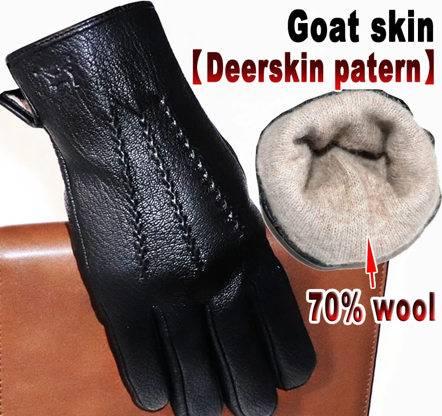 Five Fingers Gloves selling leather gloves for men and women deerskin textured goat leather winter warm driving riding wool knitted lining 230906