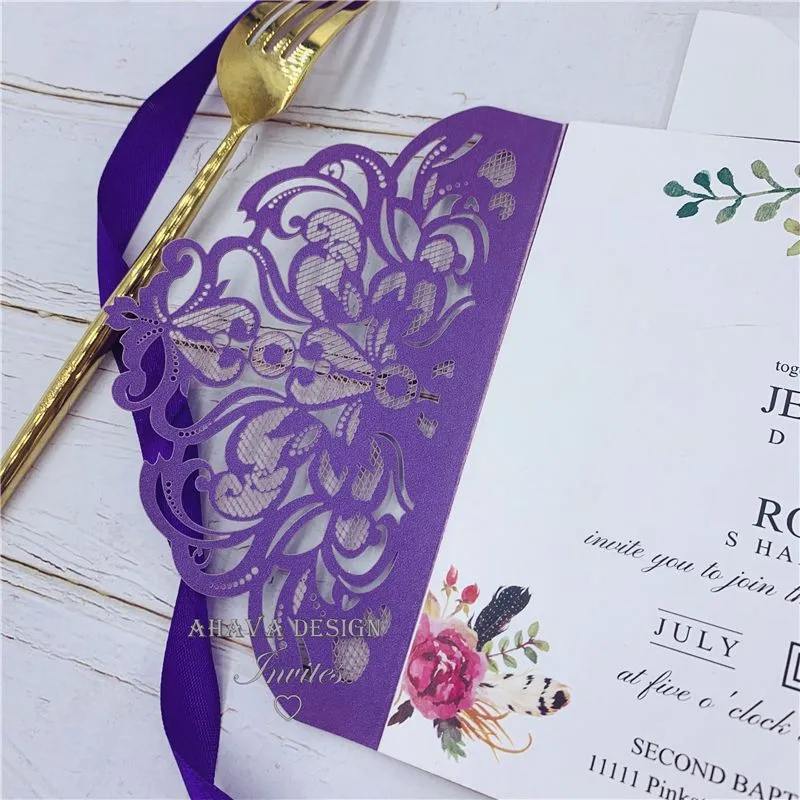 Classic Fall Magenta Shades Of Purple Floral Pocket Laser Cut Wedding Invitations With Envelope, Free Shipped by UPS