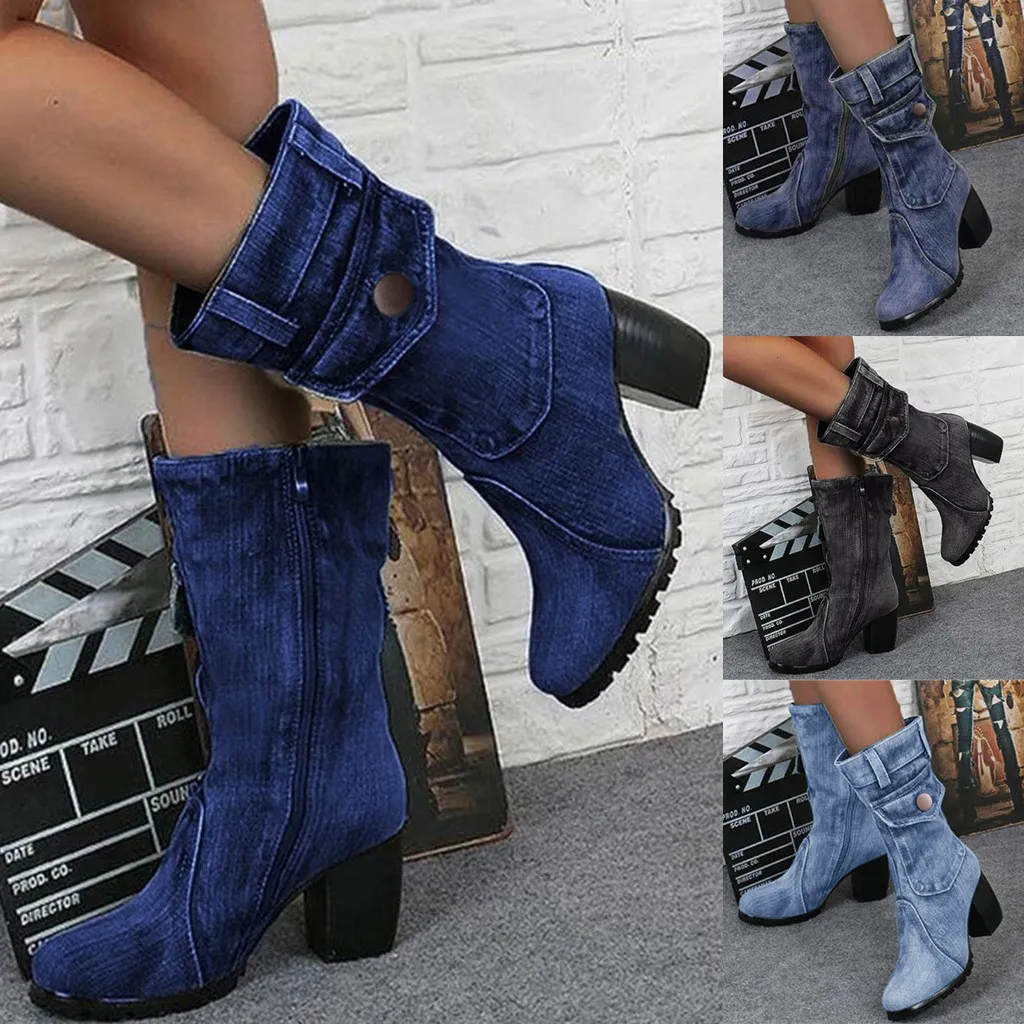 Blue jeans boots Women's Mid-rise Rome Solid Slip-On Chunky Med Heels Boots wild vintage Large Size For Girls Shoes 35-43