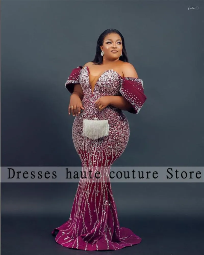Party Dresses Aso Ebi Sequin Burgundy Mermaid Prom Plus Size OFF The Shoulder Evening Gowns Nigeria Formal Dress