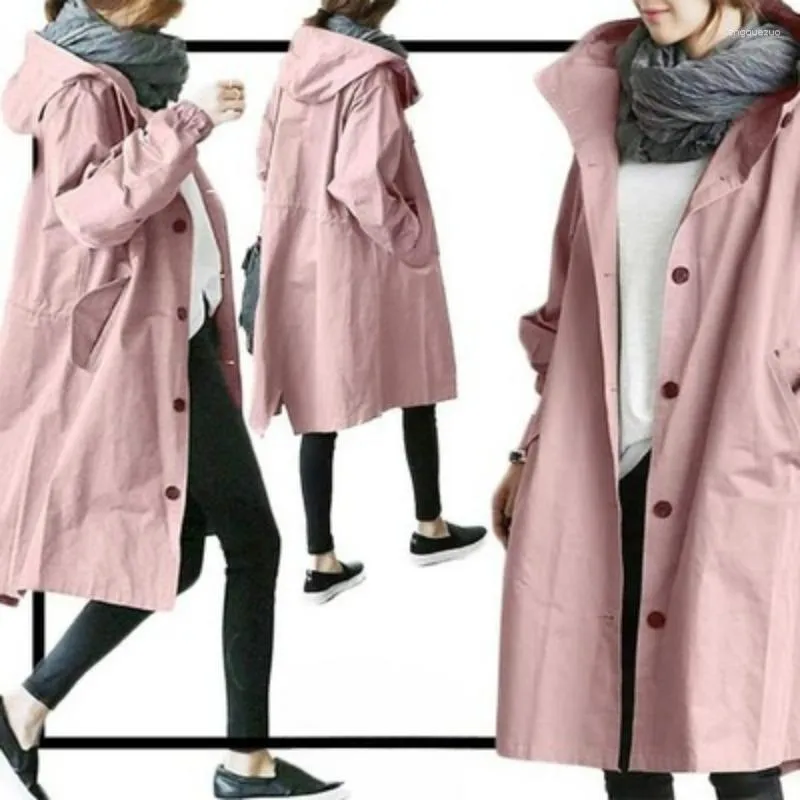 Trench da donna Giacche monopetto con cappuccio classico bavero manica lunga soprabito antivento casual di media lunghezza abbigliamento primaverile