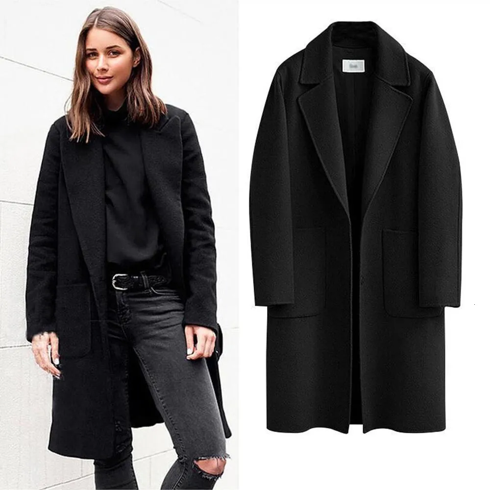 Womens Wool Blends Winter Felt Pea Coat Single Breasted Lapel Collar Long Jacket MXL Solid Color Loose Fit Hylsa med fickor LY 230905