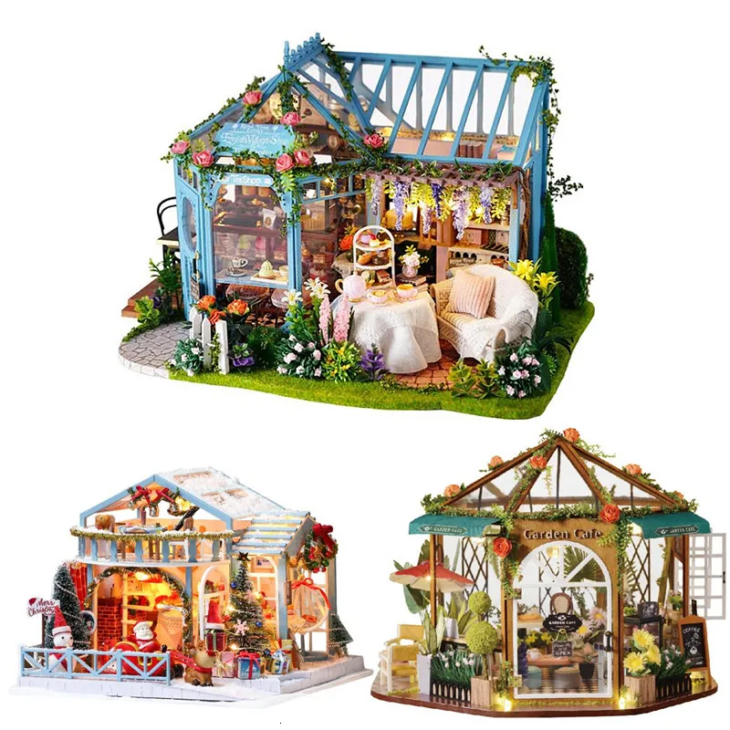 Doll House Accessories DIY Rose garden Assemble Furniture doll house Kit led light with led 3d wooden Miniature house home decoration Christmas gifts 230905