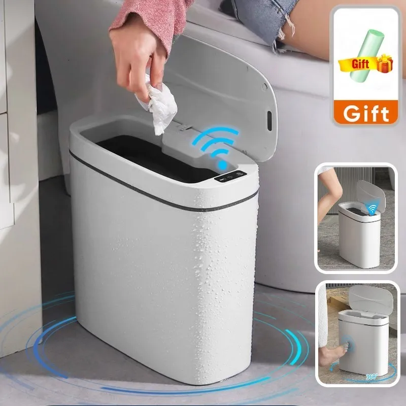 Waste Bins 14L Smart Trash Can Automatic Motion Sensor Rubbish with Lid Electric Waterproof N Small Garbage Bin for Kitchen Office 230906