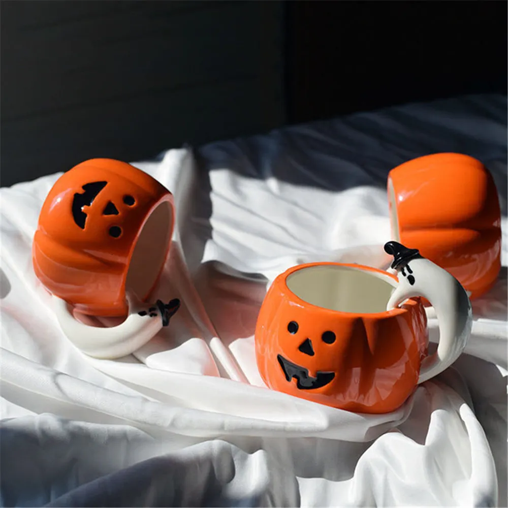 Mugs Creative 3D Hand Crafted Pumpkin Coffee Mugs Ceramic Milk Cup Funny Halloween Gifts For Kids Novelty Tea Water Cup Gift 230905