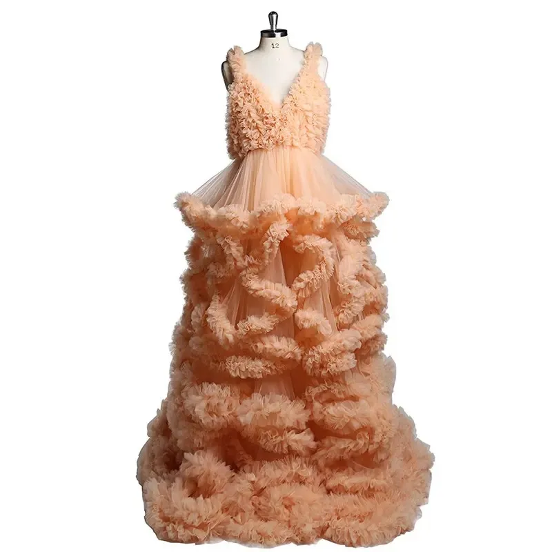 New arrival fluffy photo shoot maternity wedding gown luxurious marriage bridal wear morning gown ruffle kimono for photography