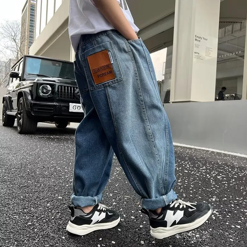 Trendy Girls Jeans Spring Autumn Kids Wide-leg Pants Casual Trousers High  Waist belt Bag Baggy jeans for Girls 10 11 12 13 Year