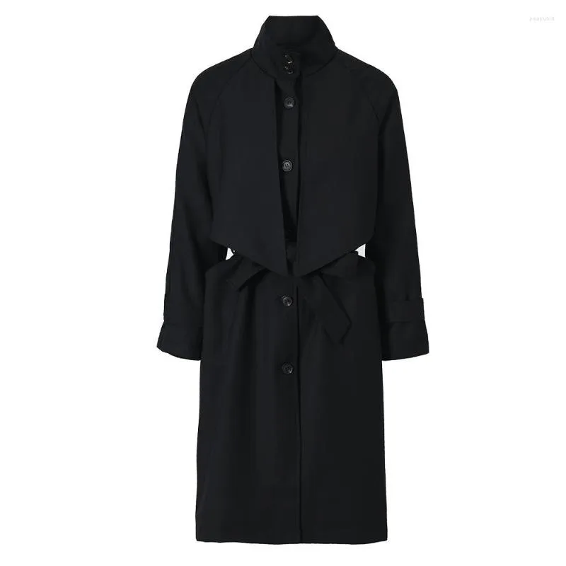 女性用トレンチコート高品質の長いロングとジャケット秋の服ファッションブラックツイルパッチワークデザインベルトコート2023