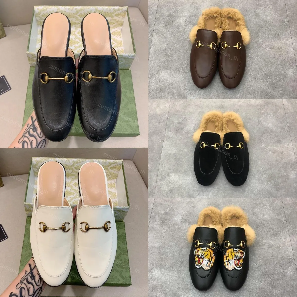 Designer Princetown Chinelos Homens Chinelos De Couro Clássico Mulheres Mocassins Sandálias De Corrente De Metal Flat Shoe Carta Impressão De Veludo Mules Inverno Sandália Peluda Com Caixa