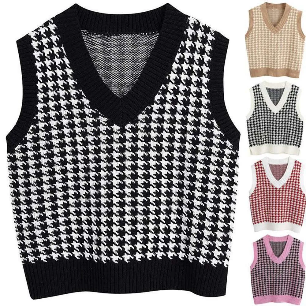 Autumn And Winter Womens Houndstooth Knitted Vest V Leader Pullover