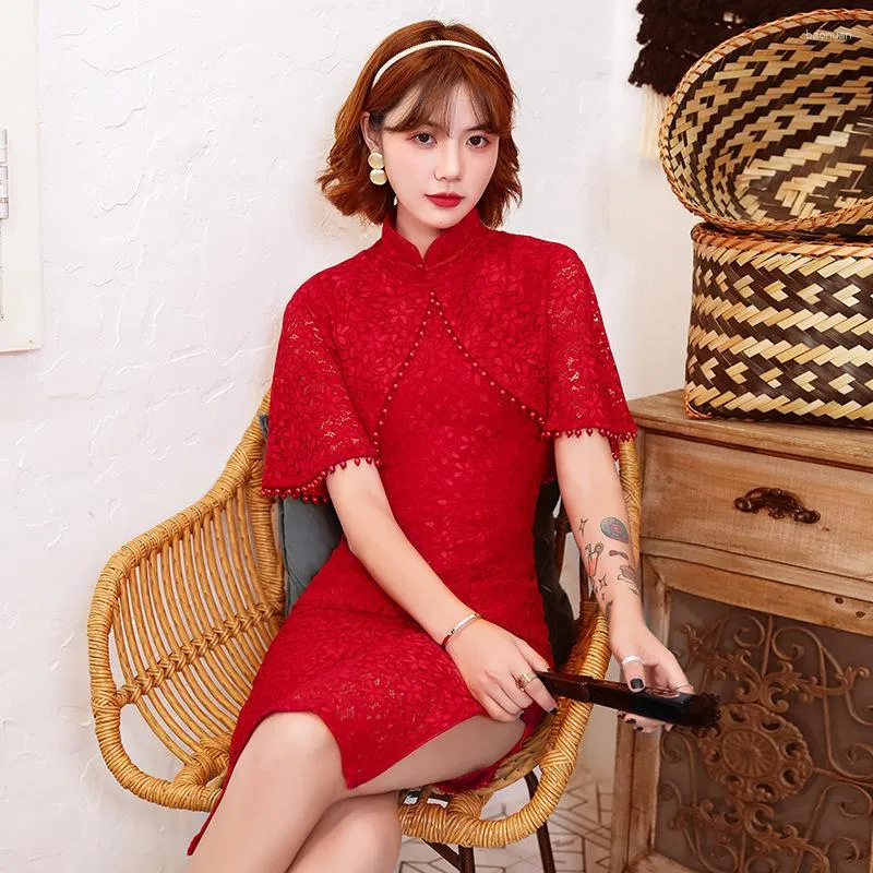 Ethnic Clothing Spring Summer Lace Cheongsam Three-quarter Sleeves Mid-length Improved Girl Qipao Detachable Shawl Chinese Style Dress For