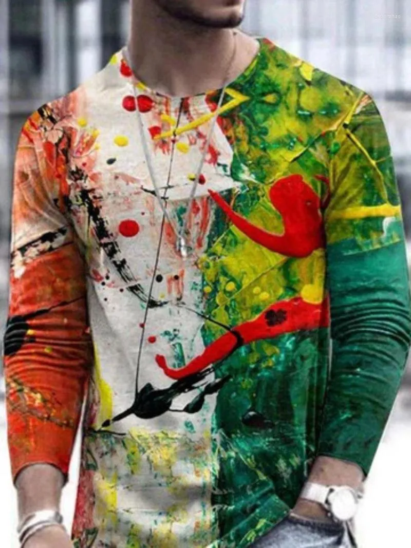 T-shirt da uomo 2023 Autunno Maglione girocollo con T-shirt colorata europea Graffiti Manica lunga Allentato Rilassato Sottofondo di moda