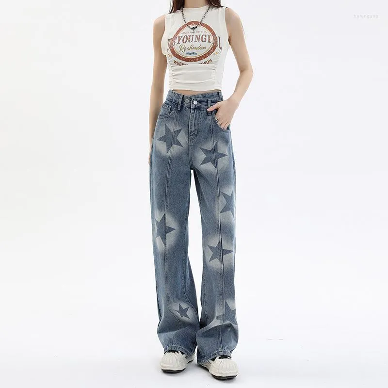 Jeans da donna Y2k stampa stella personalizzata cuciture pantaloni lunghi vintage casual streetwear moda a vita alta blu larghi da donna