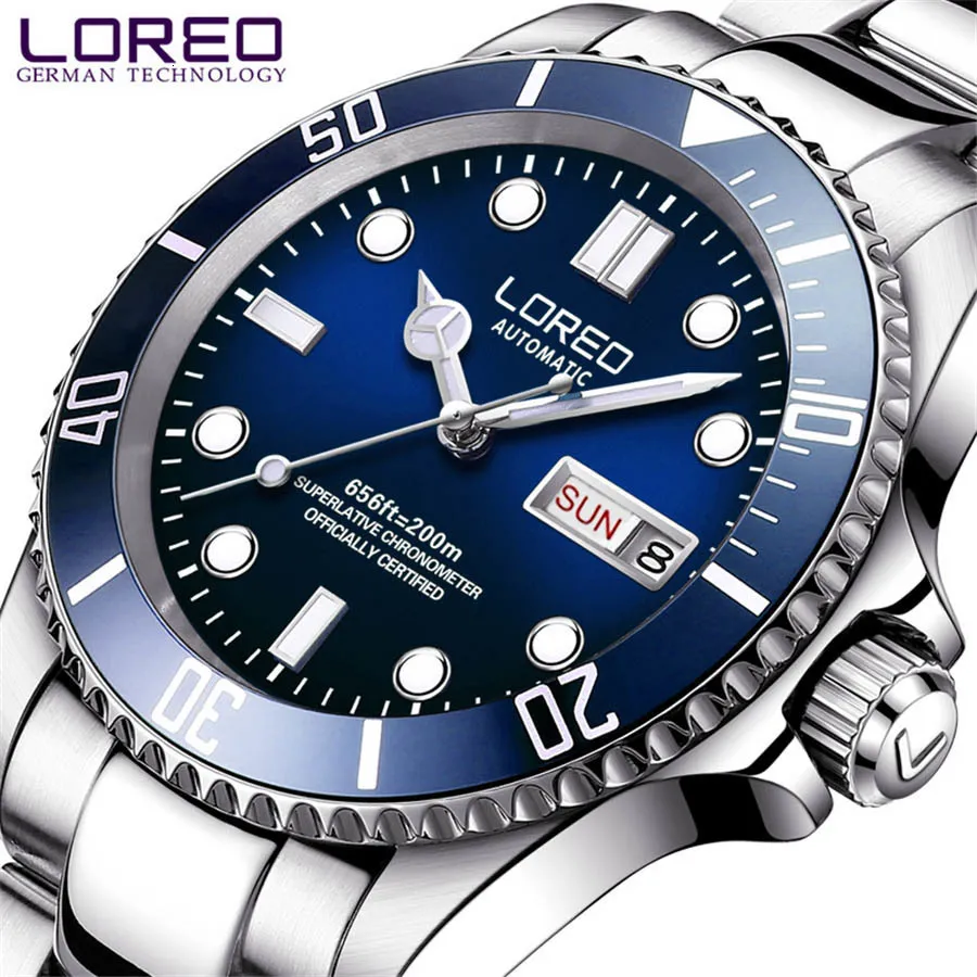 LOREO Luxe Heren Mechanisch Horloge 200m Waterdicht Roestvrij Stalen Horloge Topmerk Saffierglas Horloges Reloj Hombre 230905