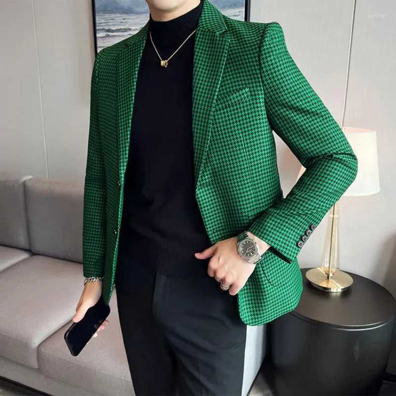 Herr kostymer 2023 Autumn High Quality Blazers Business Casual Korea Cultivate Morality Fashion Simple Gentleman Plaid Suit Dress Tuxedo