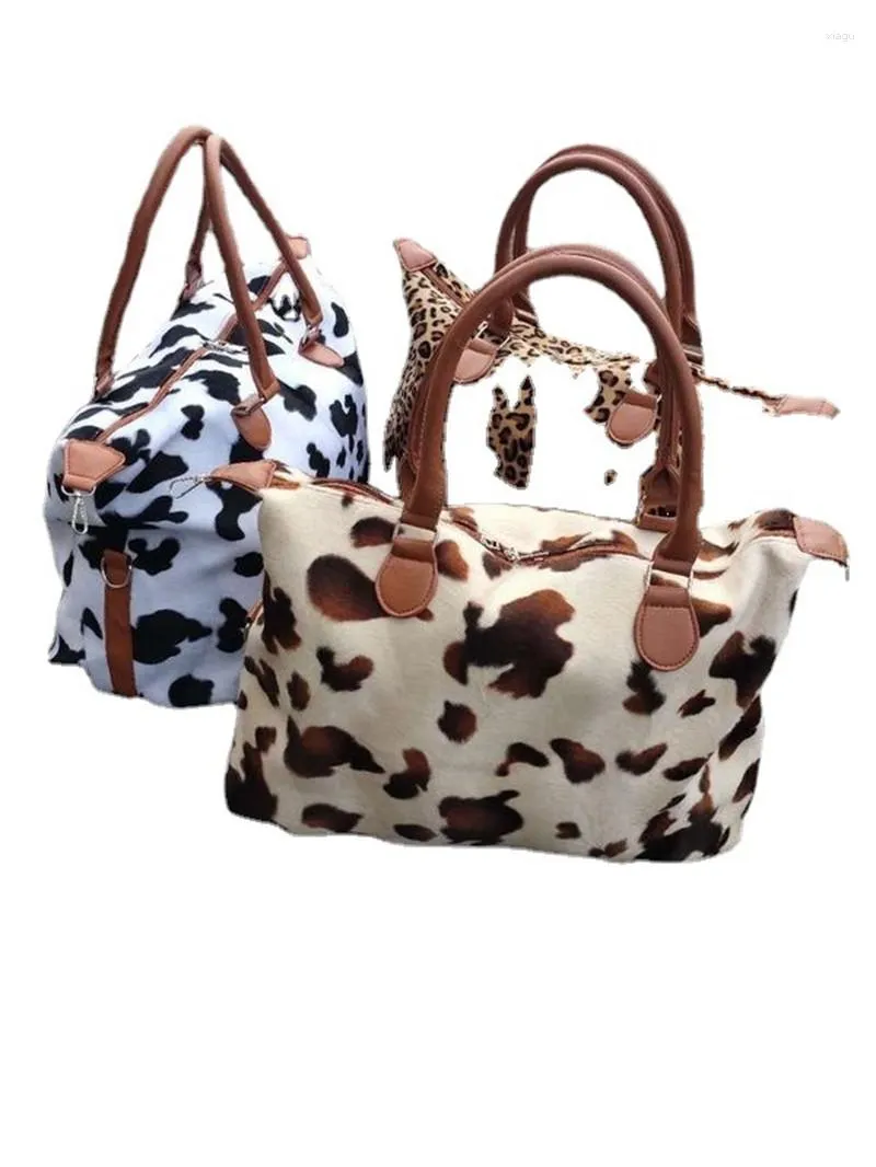 Duffel Bags Weekend Travel Bolsa Pelúcia Vaca Leopardo Padrão Bolsa de Pele de Curta Distância Vip