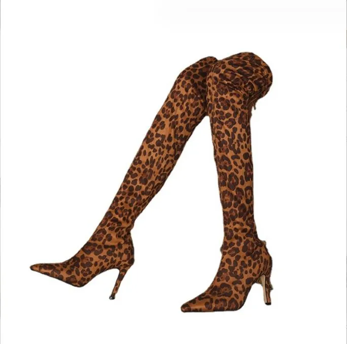 Damesmode Luipaardprint Overknee Laarzen Herfst Winter Hoge Laarzen Puntschoen Stretchstof Dames Hoge Hakken Bottes Femme Voor Meisjes Schoenen