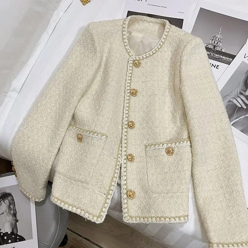 CJFHJE Womens Tweed Jacket With Gold Buttons – Beige From Jin01