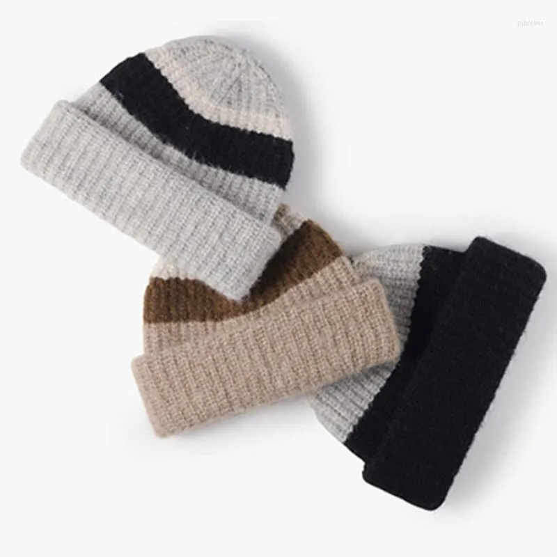 Berets Beanie Hats for Men Color Strip Matching Knitted Winter Fashion Outdoor Keep Warm Ear Protected Melon Hat Women Beanies