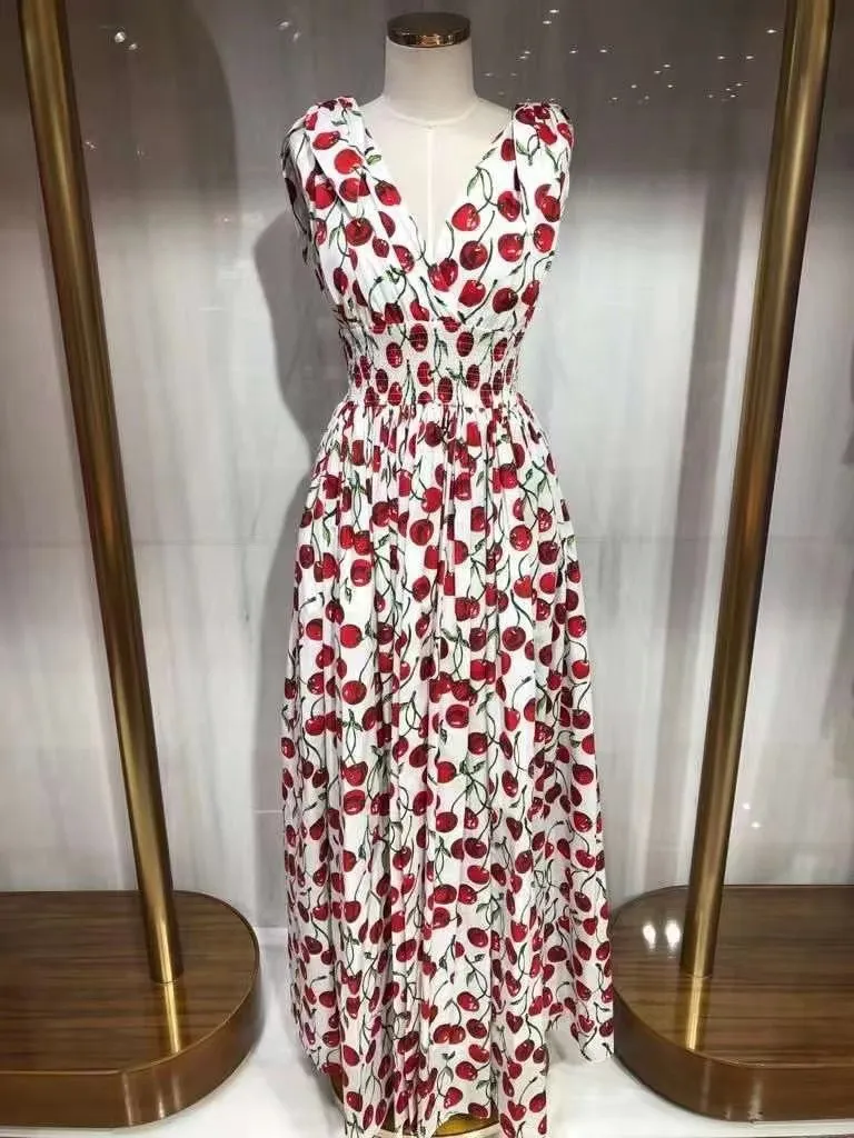 Womens dress European fashion brand sleeveless gathered waist white cherry printed cotton long dress