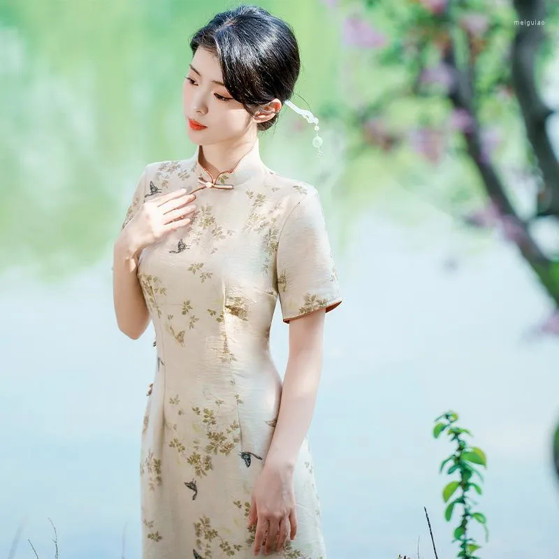 Ethnic Clothing Elegant Summer Printed Long Khaki Cheongsam Sweet Literary Retro Casual Improved Qipao Chinese Style Evening Dress For Women