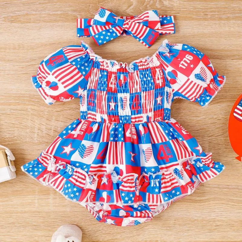 Ensembles de vêtements pour bébés filles, fête de l'indépendance du 4 juillet, manches courtes, lettre de dessin animé imprimée, barboteuse, vêtements de naissance