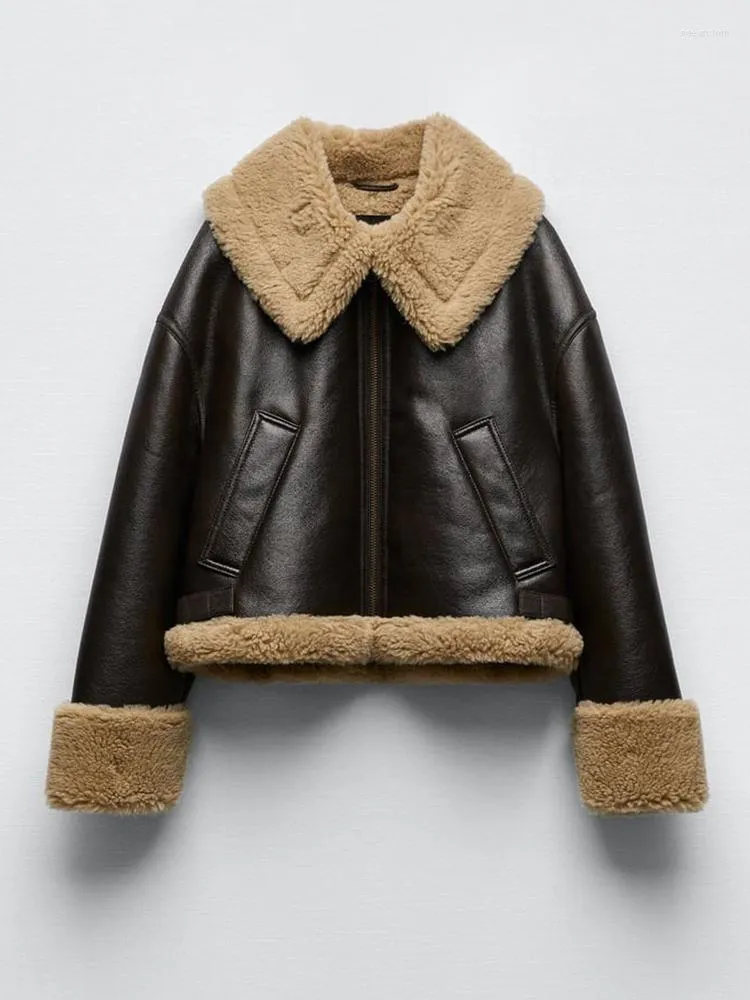 Damen Trenchcoats Streetwear Lose Moto Biker Winter Shearling Schaffell Lederjacken Verdicken Parka Faux Lammfell Outwear