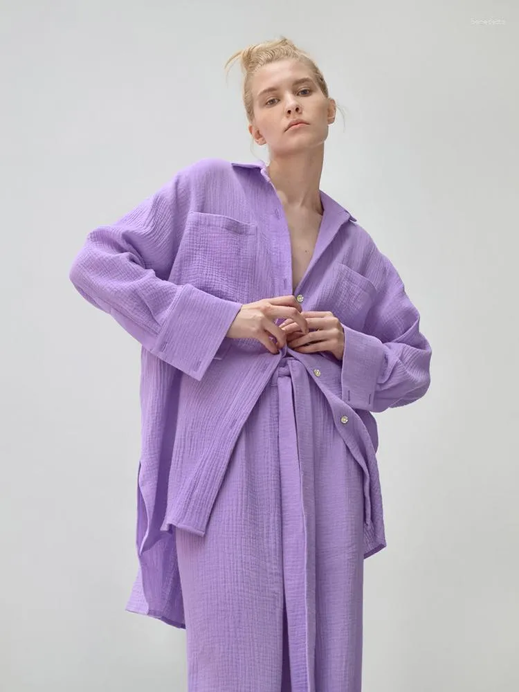 Páfeos duplos Hiloc, algodão feminino Moda de algodão Moda Alta cintura conjuntos de roupas femininas pijamas de inverno de cor sólida 2023