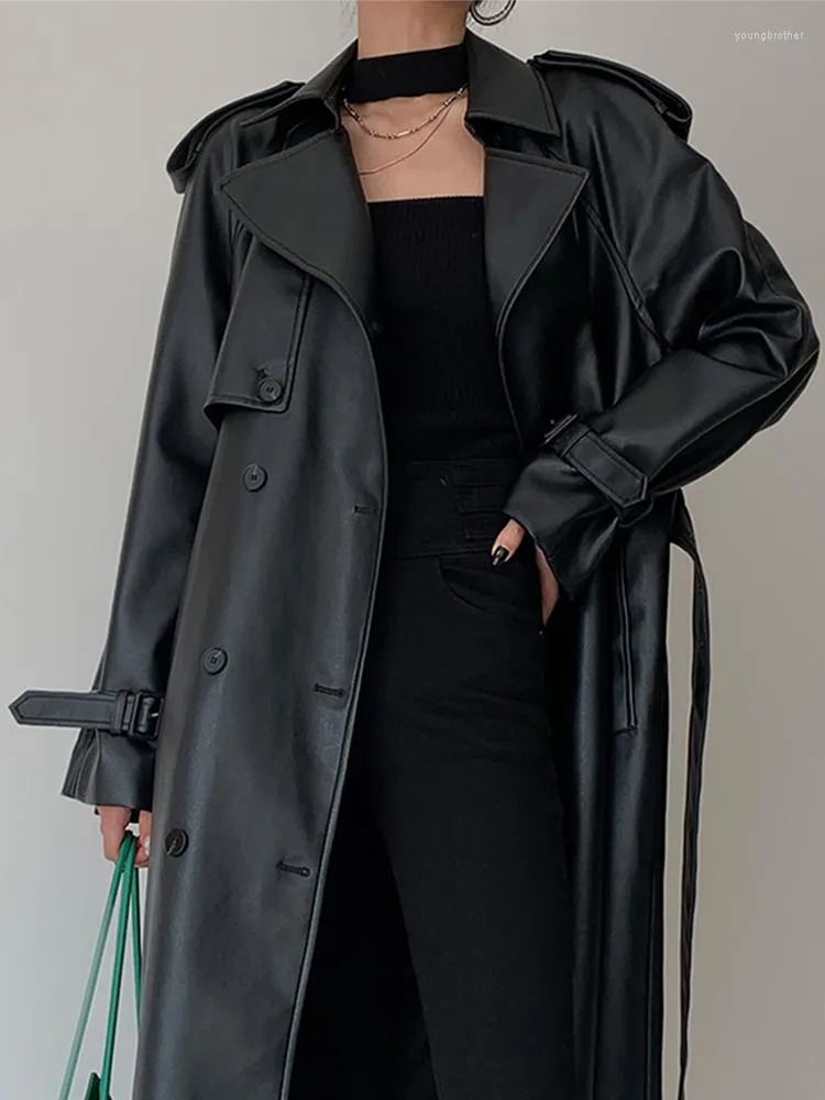 Couro feminino primavera outono longo cinza plutônio trench coat para mulher manga raglan cinto pista designer de luxo moda europeia 2023