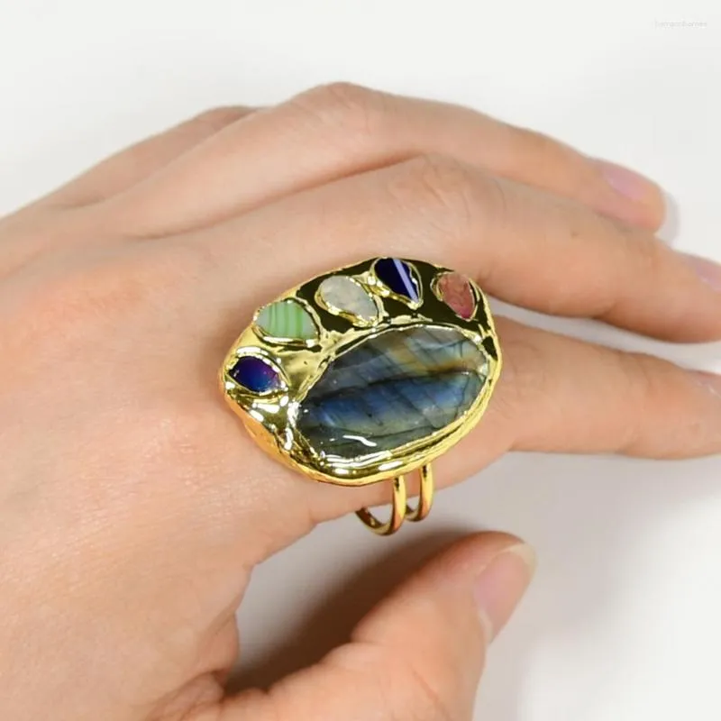 Bröllopsringar Justerbar metallsten Ring Natural Labradorite Gems Multi Color Agate Gold Plated Set Handgjorda gåvor för flickor