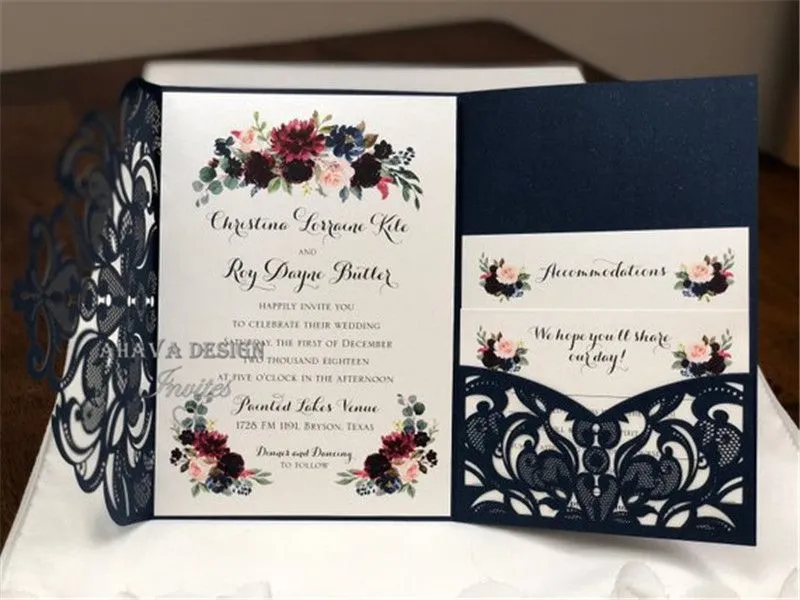 Marineblaues druckbares Hochzeitseinladungsset mit lasergeschnittenen Schmetterlings-Prinzessin-Einladungen für Geburtstag, Geschäftsabschluss, Hochzeit, Party ZZ