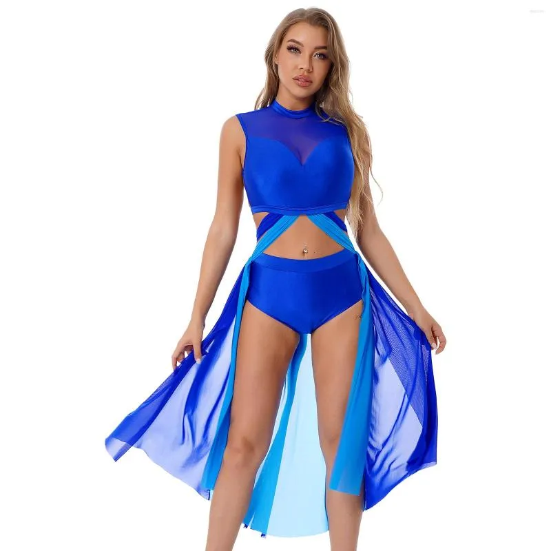 Scene Wear Women Ballroom Ballet Leotard Dress Outfit Backless Cutout Sheer Mesh Flowy Split Lyrical Dance Costumes Adult Dancewear