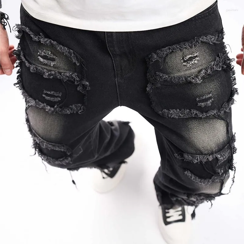 Men's Jeans Mens Black Stacked Slim Fit Ripped Destroyed Straight Denim Pants Harajuku Hip Hop Trouser Streetwear